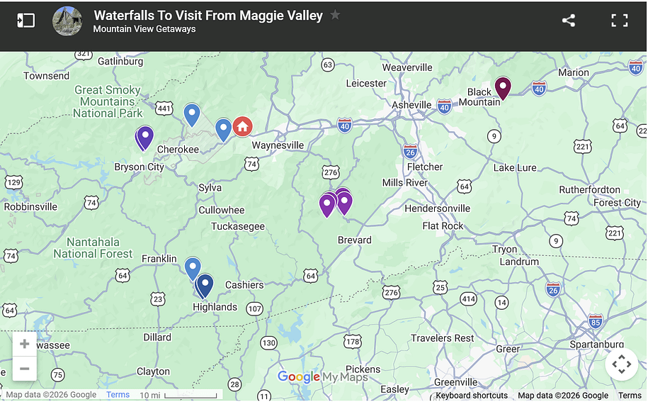 Map showing where waterfalls are near High Hopes Cabin rental in Maggie Valley NC