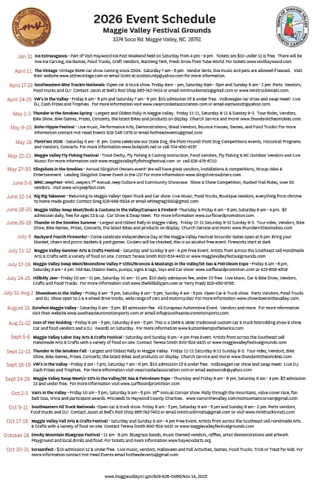 Festival Fairgrounds Maggie Valley NC 2026 Schedule